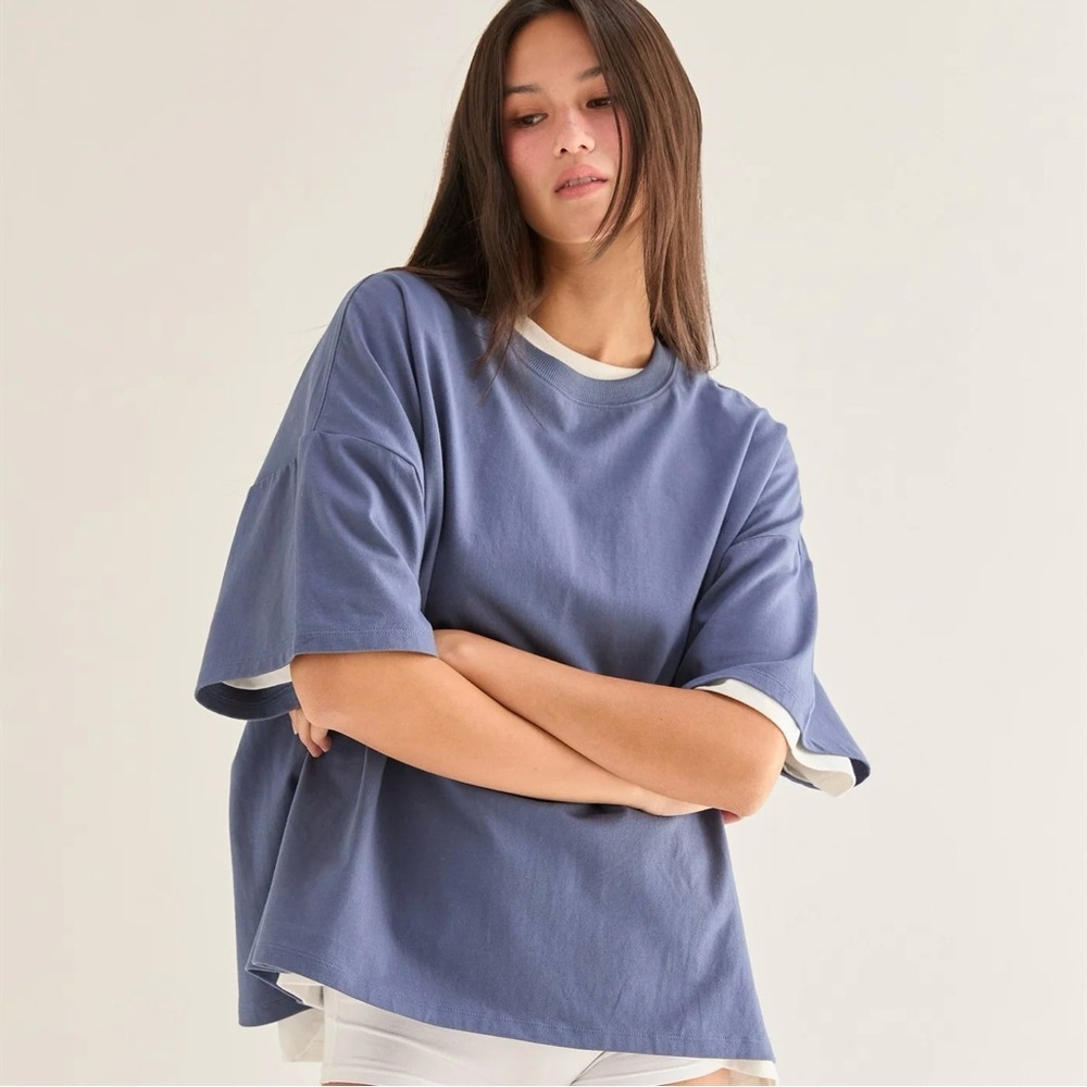NEW Double Zero Dusty Blue Oversized Cotton Tee Casual Basic Relaxed Fit Large